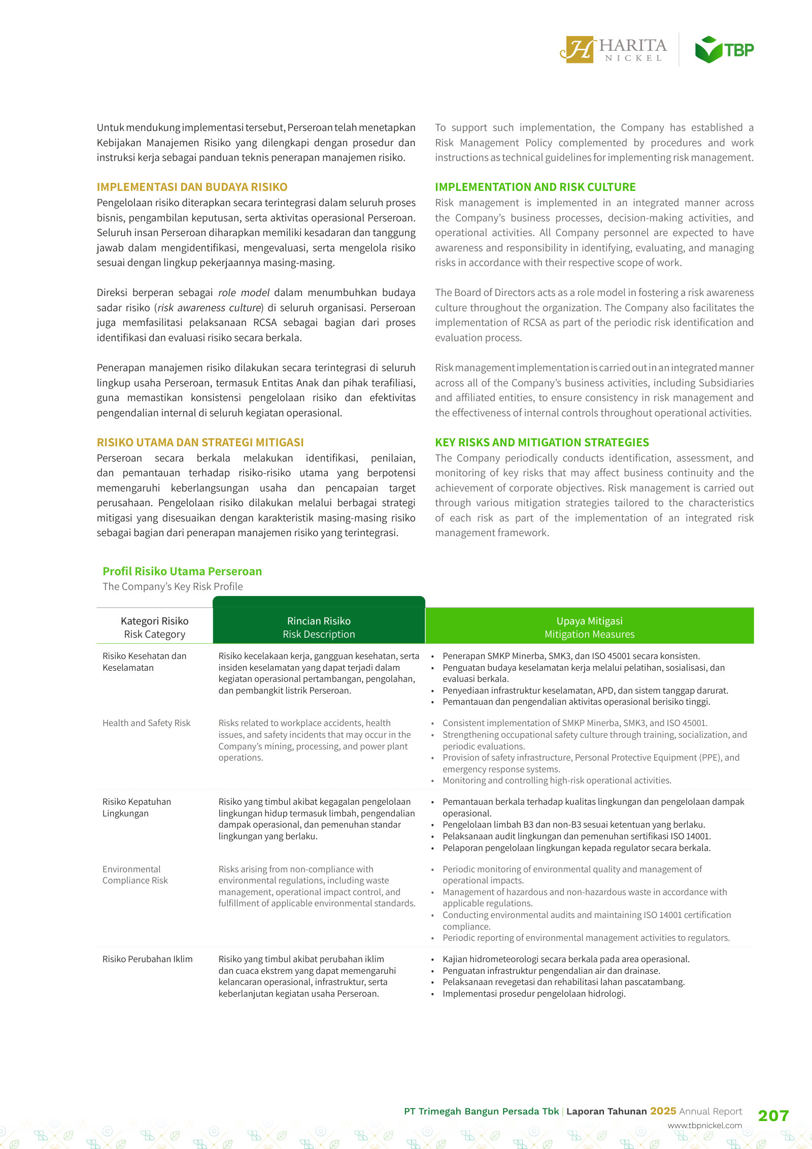 Key risk profile (1 of 2): health & safety, environmental compliance, and climate-change risks with mitigations.