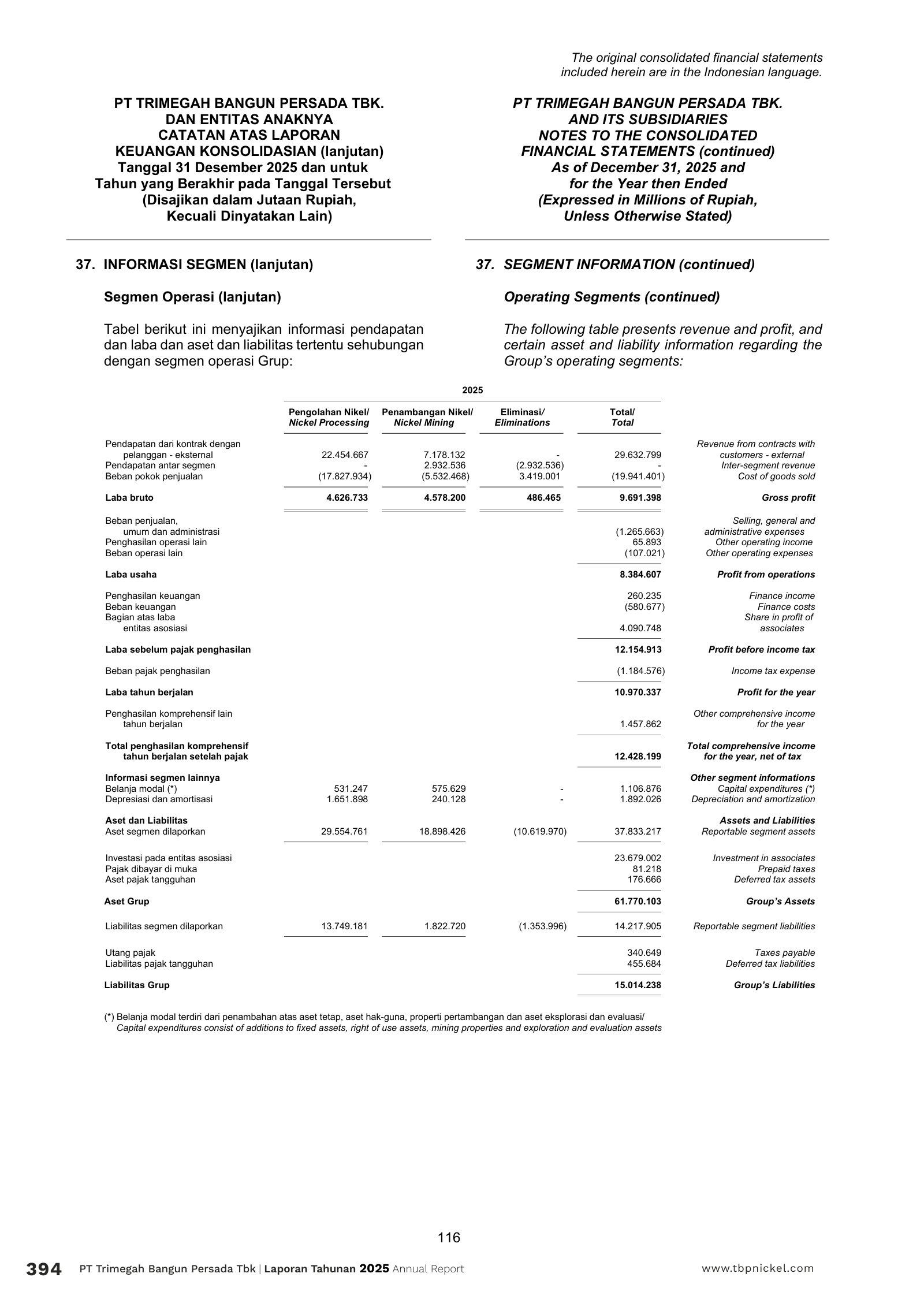 Segment table: external revenue, gross profit, capex, and assets/liabilities for processing vs. mining, 2025.