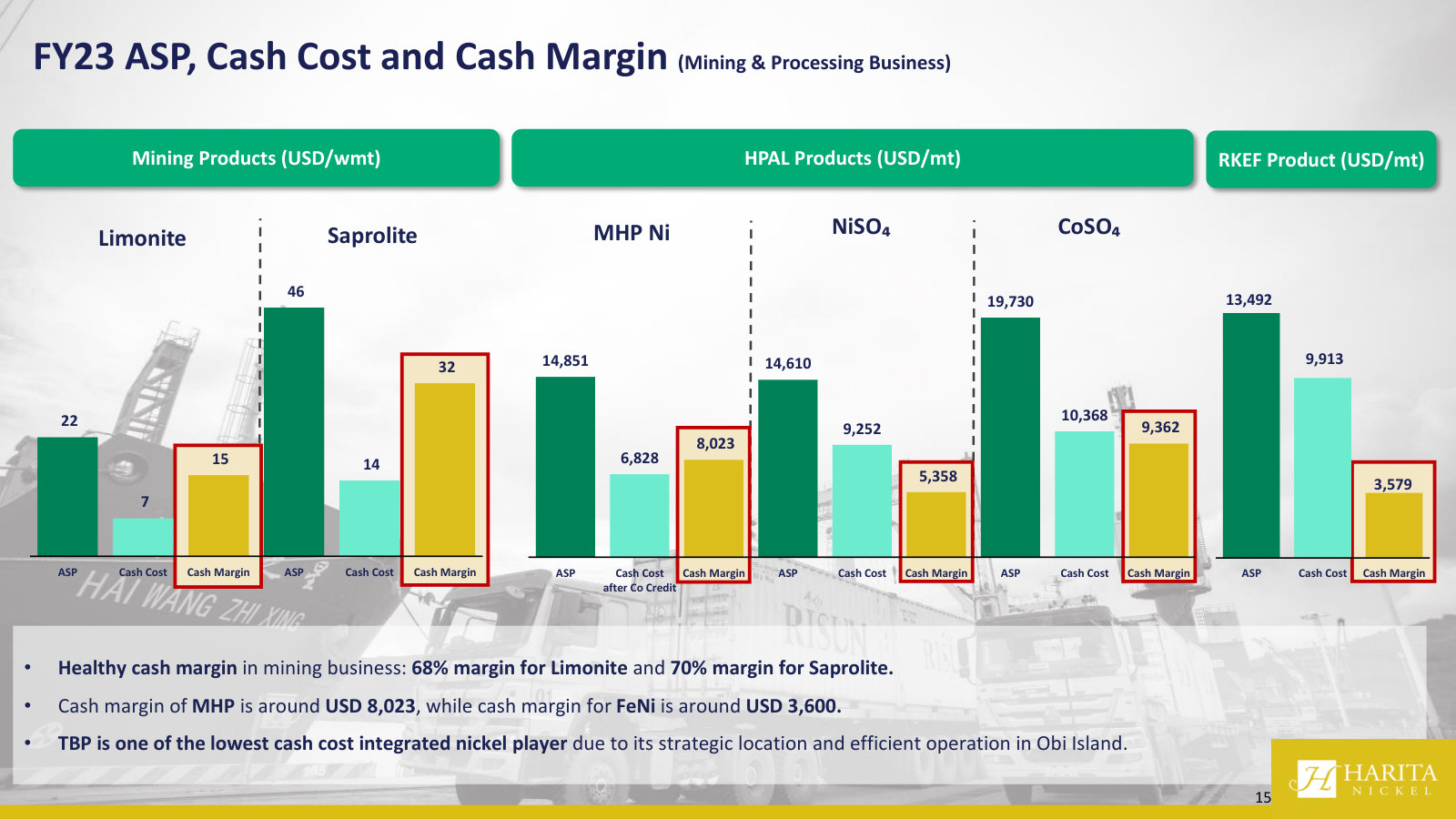ASP, cash cost and cash margin by product — limonite, saprolite, MHP, nickel/cobalt sulfate, FeNi: how each line actually earns.