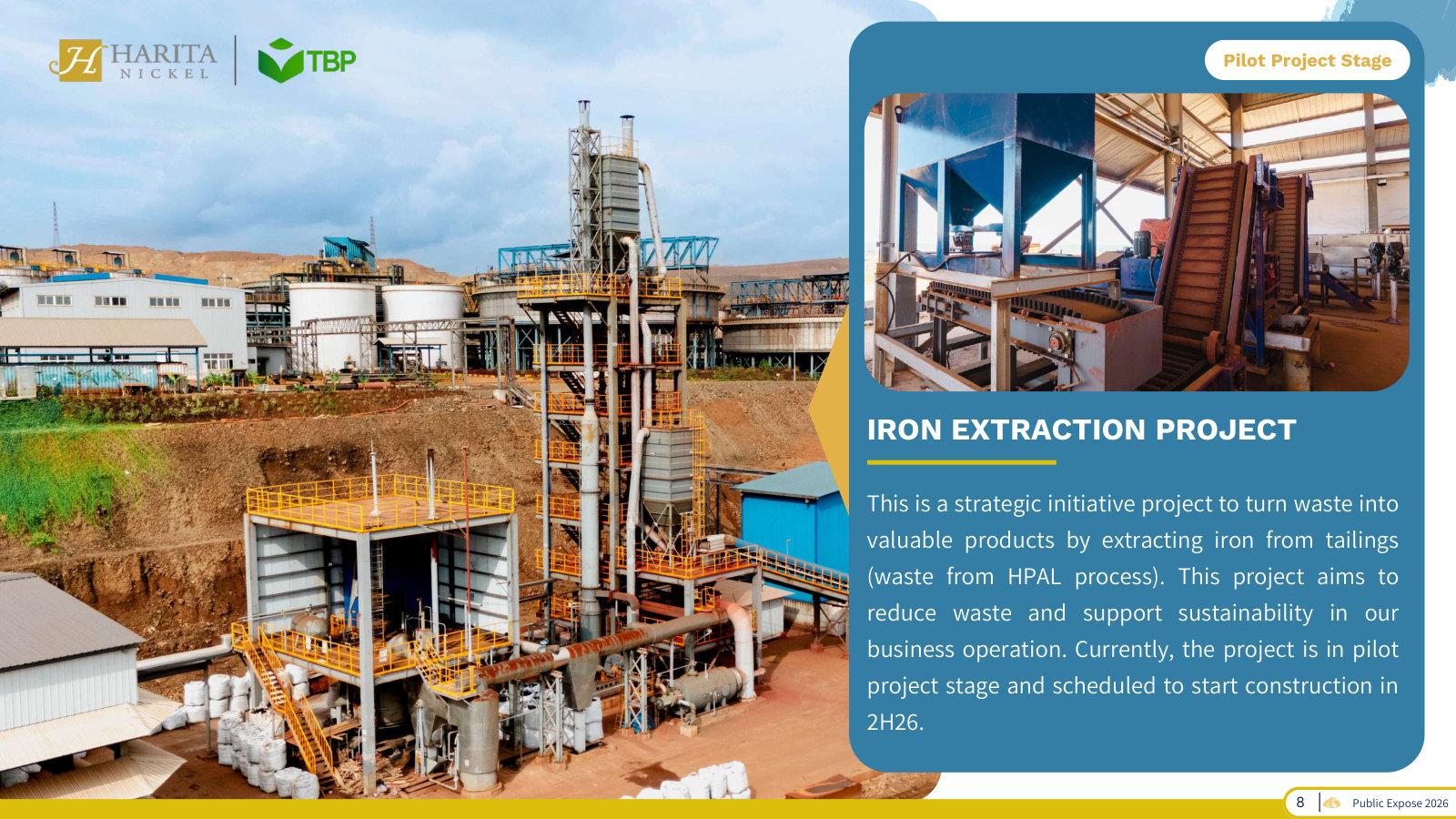 Iron-extraction pilot: pulling saleable iron out of HPAL tailings — an attempt to turn processing waste into a new product.
